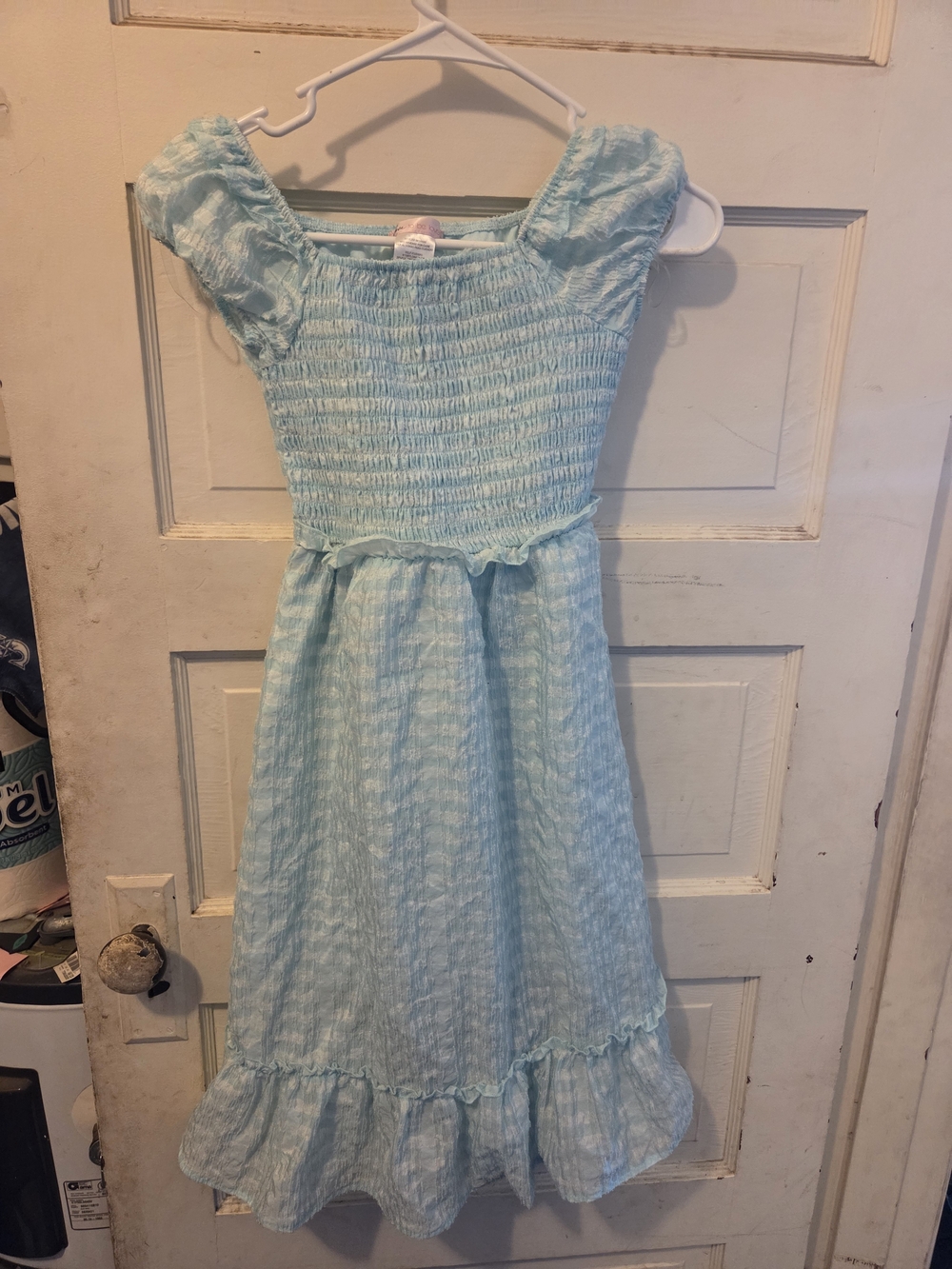 Girls' Light Blue Smocked Casual Dress with Ruffle Hem